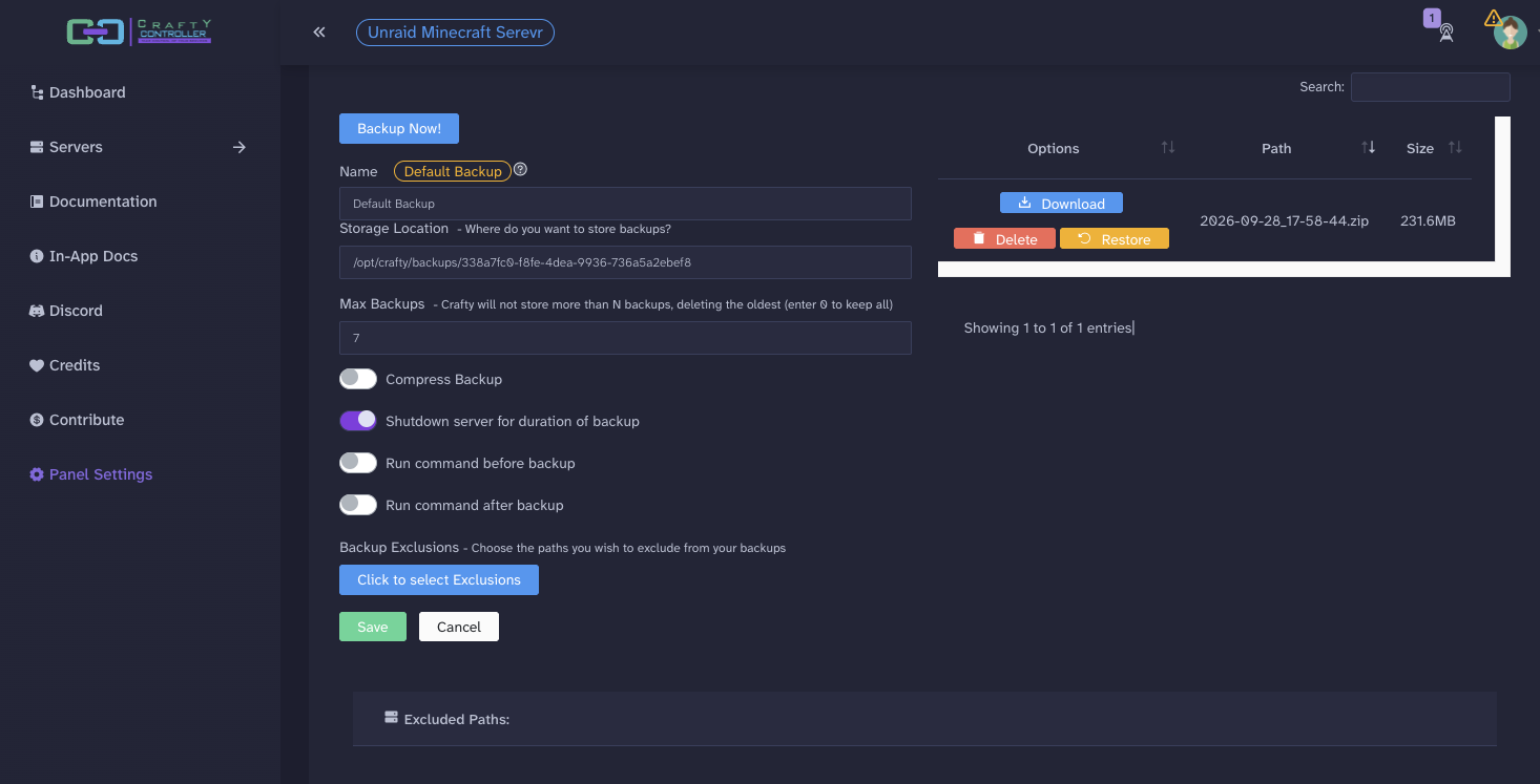 Crafty's backup settings