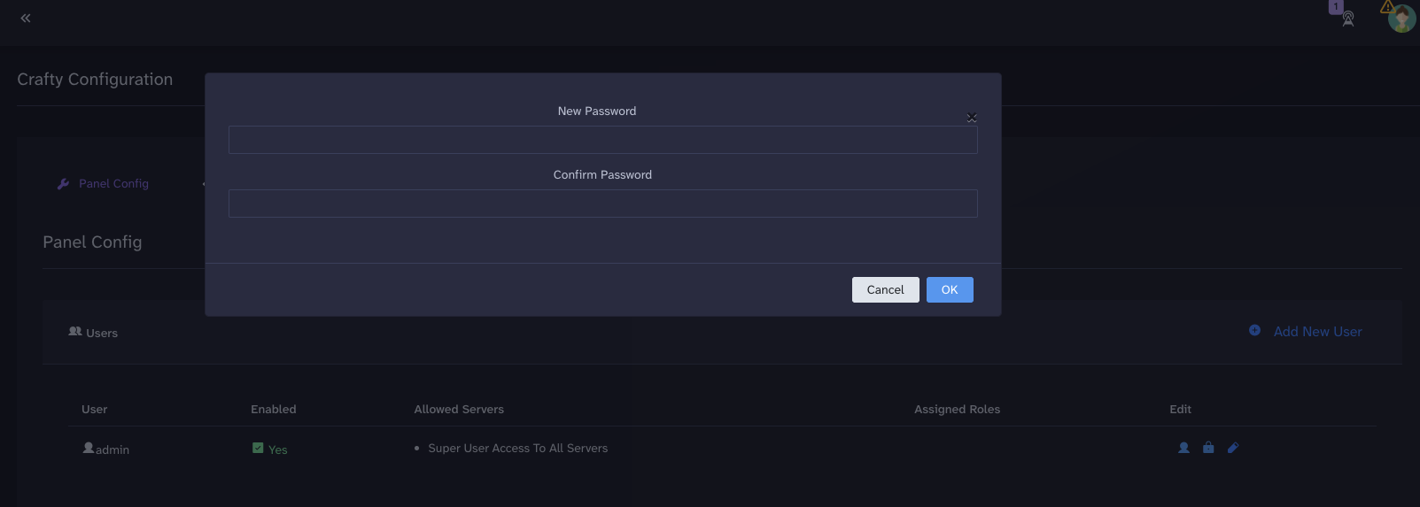 Crafty's password change dialog